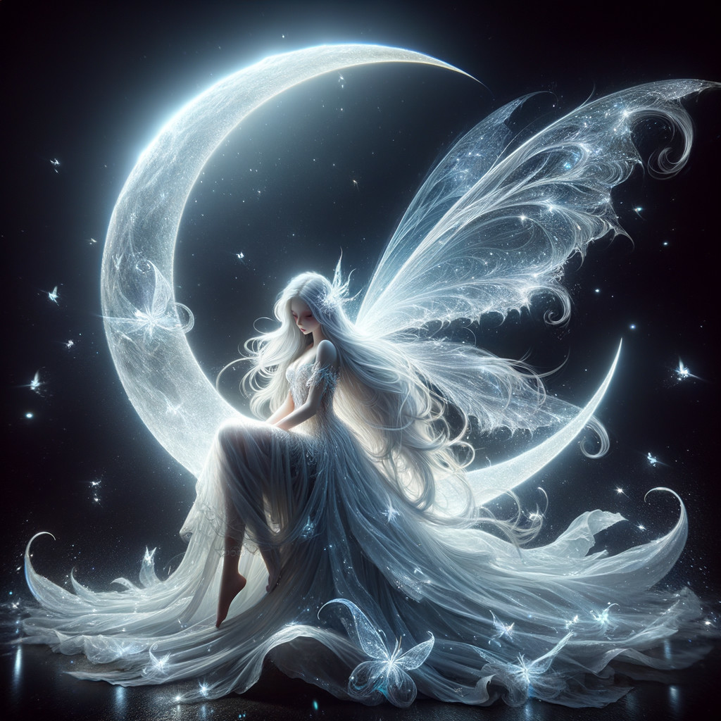 Celestial Fairy on Crescent Moon with Ethereal Wings