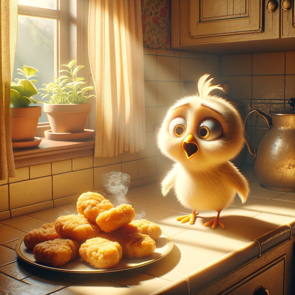 Fluffy Chick in Sunlit Kitchen with Chicken Nuggets