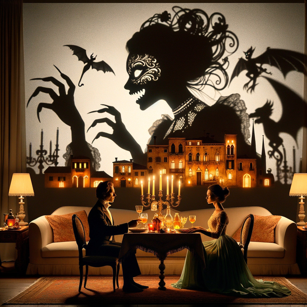 Couple at a Candlelit Table with Gothic Shadow Play