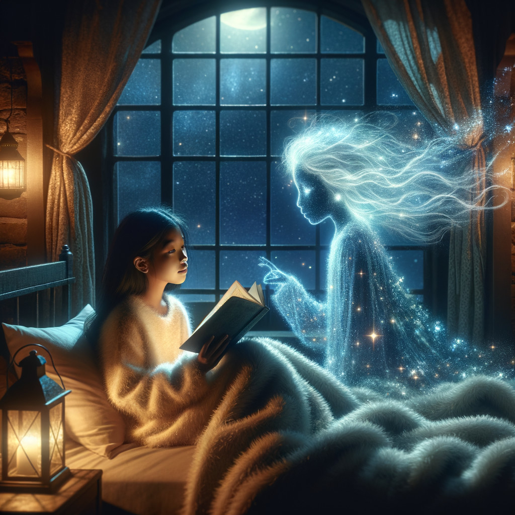 Young girl reading in a cozy room with a ghost