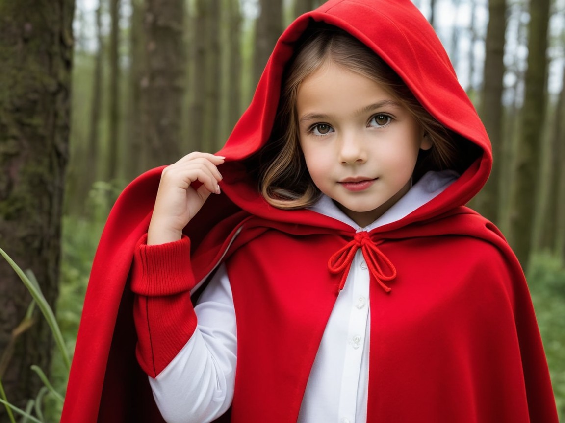 Young girl in red cape in a lush forest setting