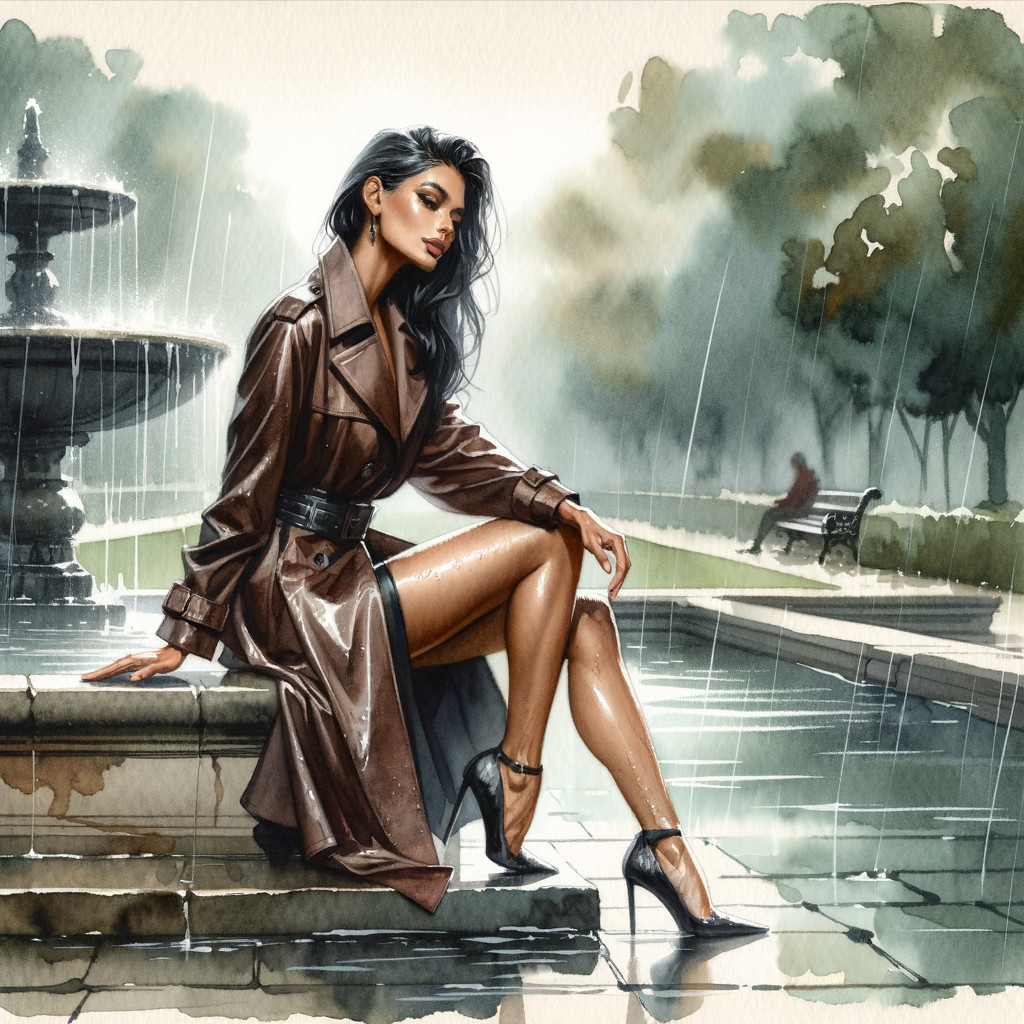 Stylish Woman in Trench Coat by Fountain in Rain