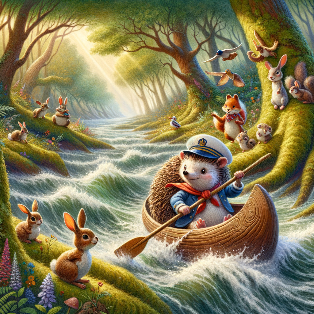 Charming Hedgehog Canoeing in Enchanted Forest
