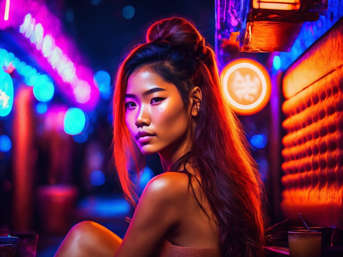 Stylish Woman in Neon Urban Nightlife Setting