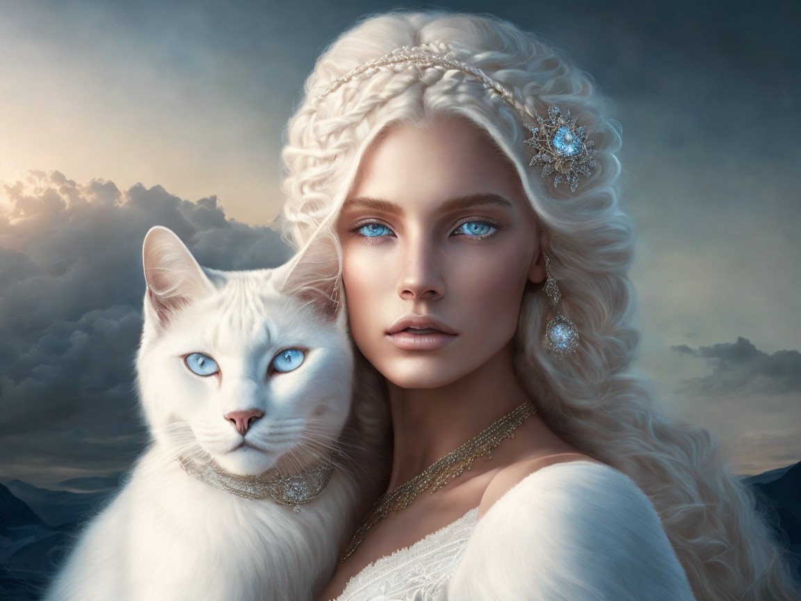Dreamlike Landscape with Elegant Woman and White Cat