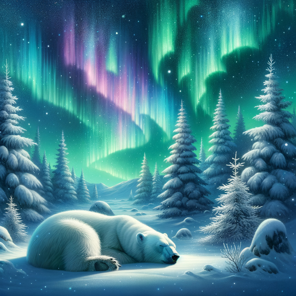 Winter Landscape with Polar Bear and Northern Lights