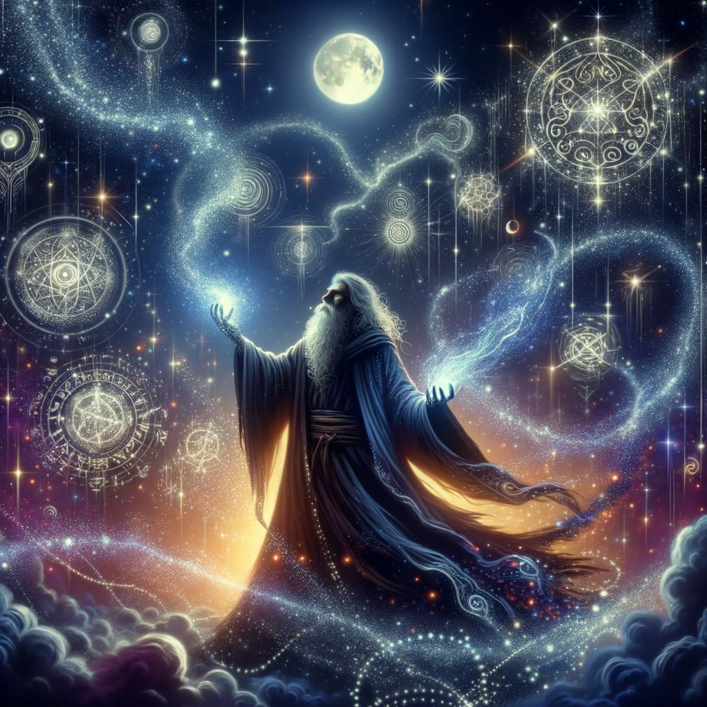 Mystical Figure in Cosmic Scene with Glowing Energy