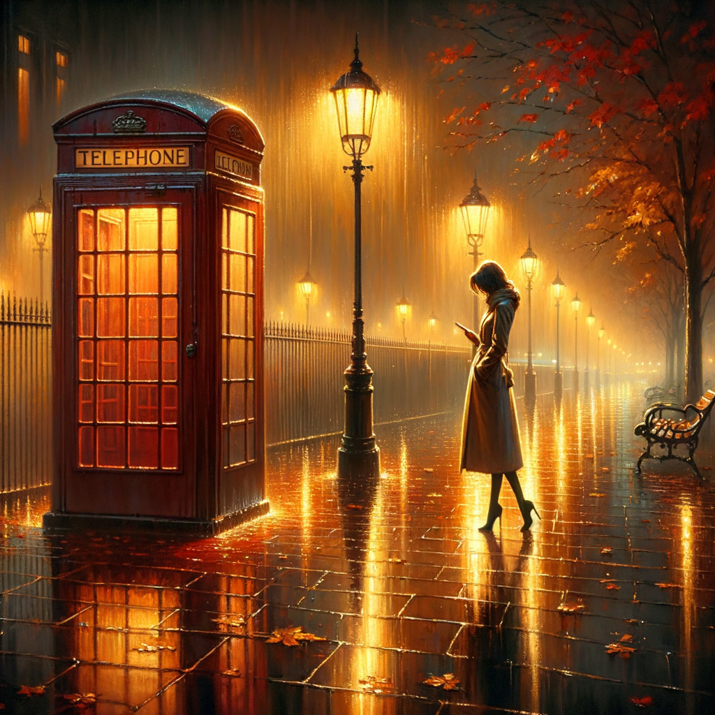 Lone Figure Under Streetlamp on Rainy Night Scene