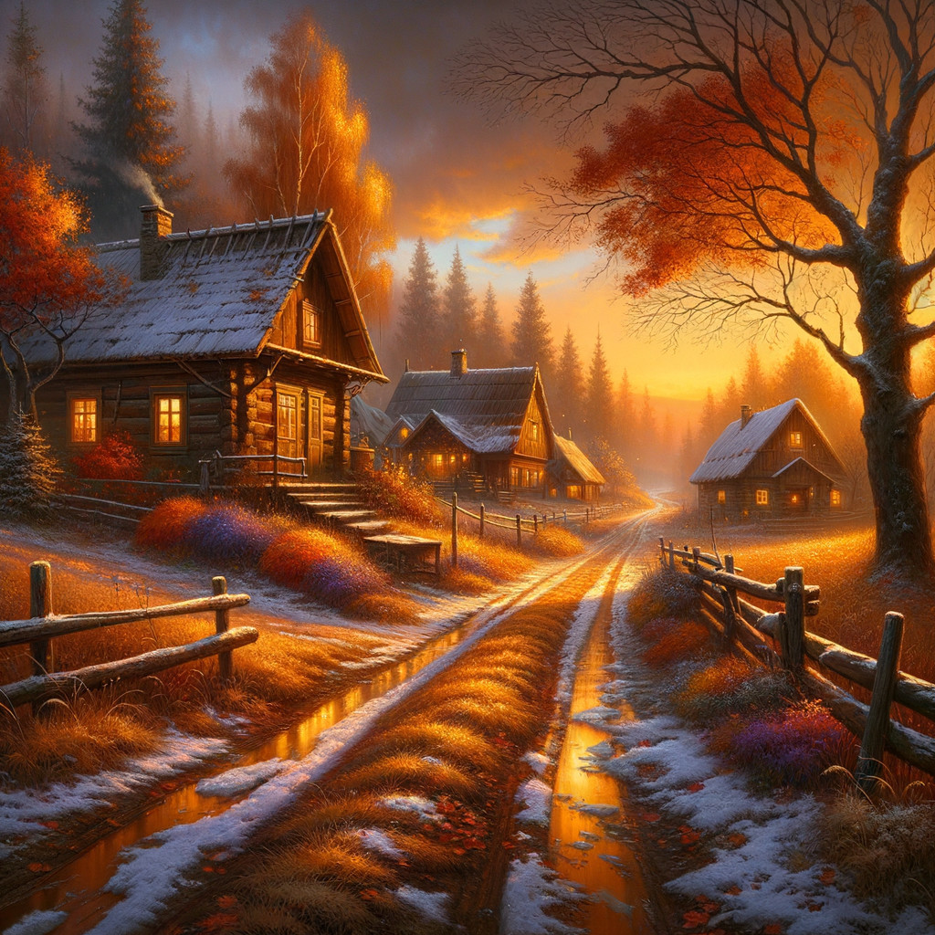 Tranquil Autumn Scene with Cottages and Vibrant Trees