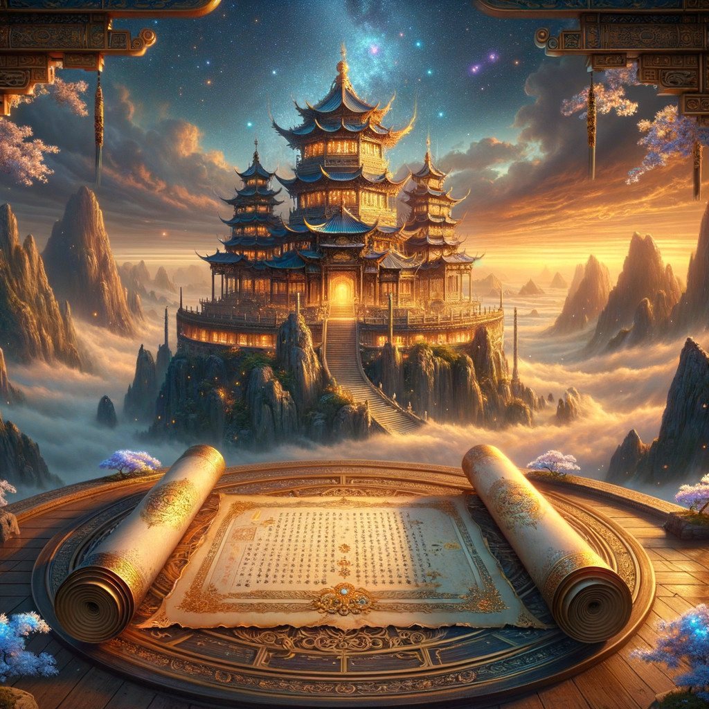 Ancient temple above clouds with intricate architecture