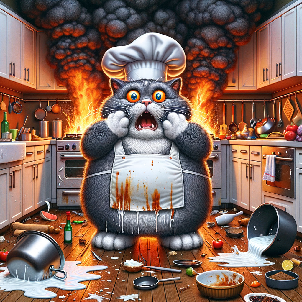 Fluffy Cat in Chef's Hat Amidst Kitchen Chaos