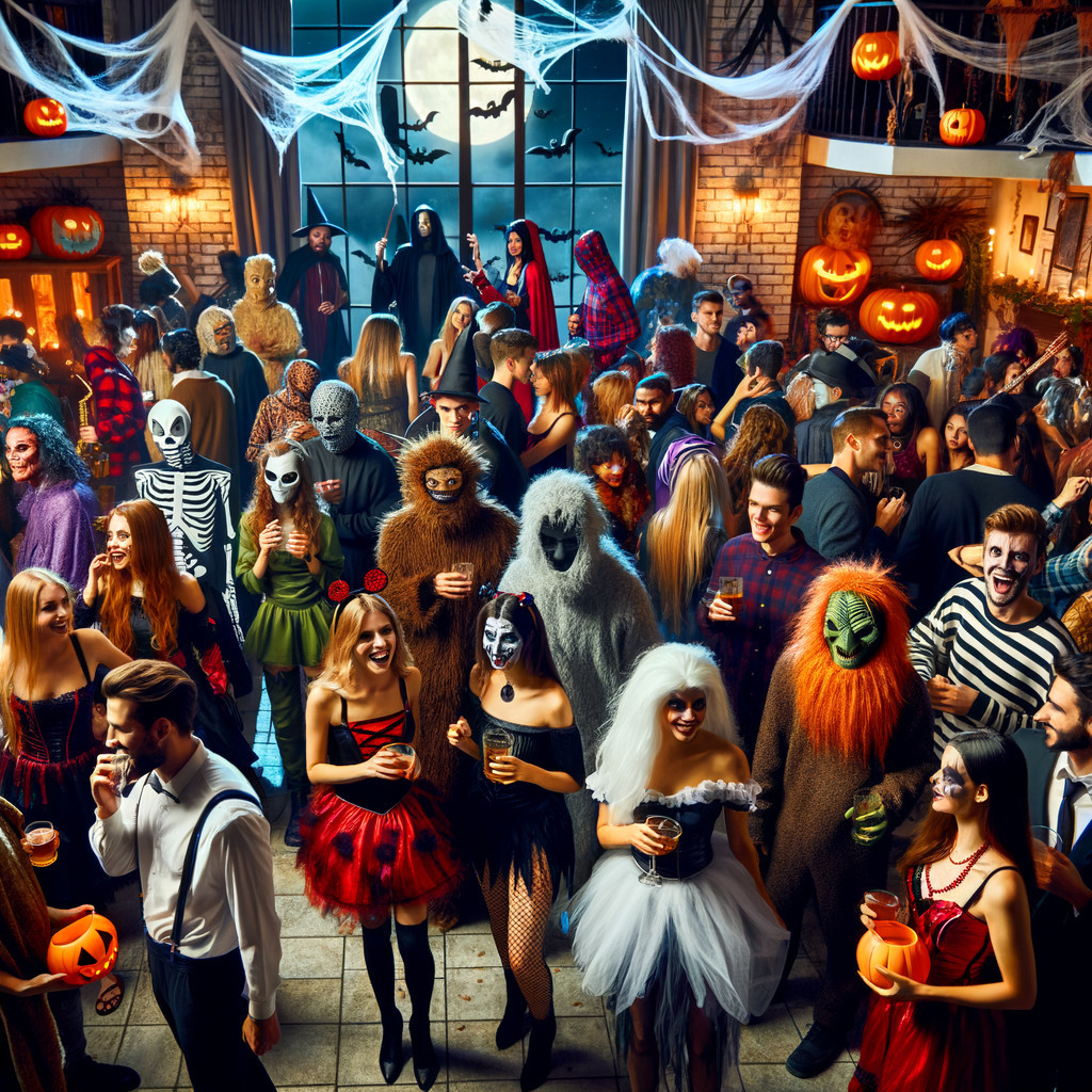 Halloween Party with Costumes and Spooky Decorations