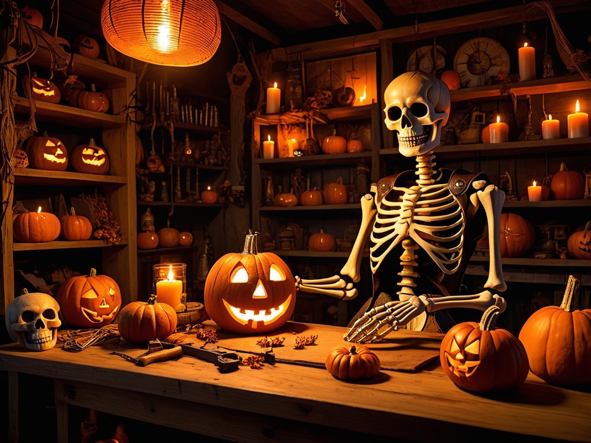 Rustic Halloween Scene with Skeleton and Pumpkins