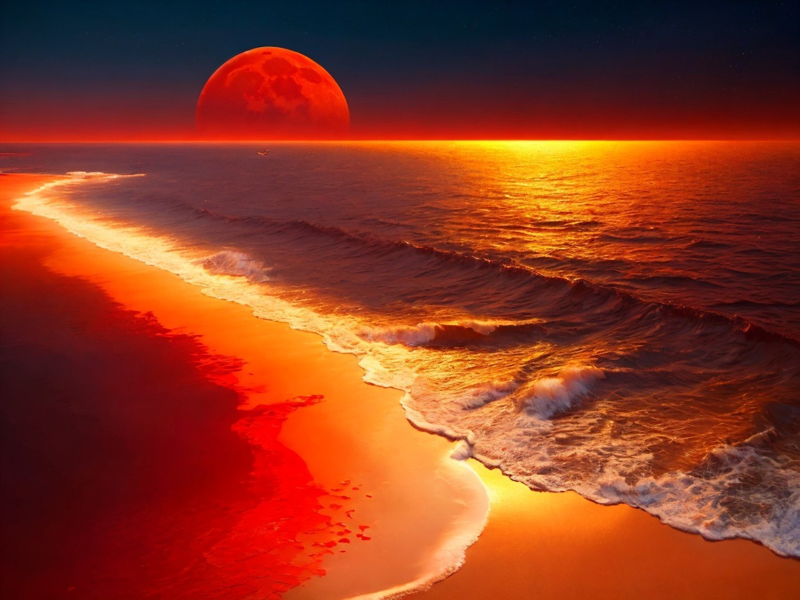 Serene beach scene with sunset and rising moon