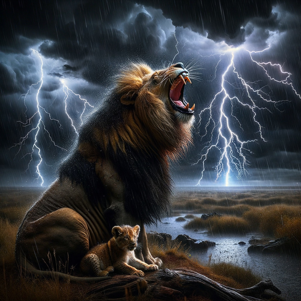 Lion and Cub Amidst Stormy Landscape and Lightning