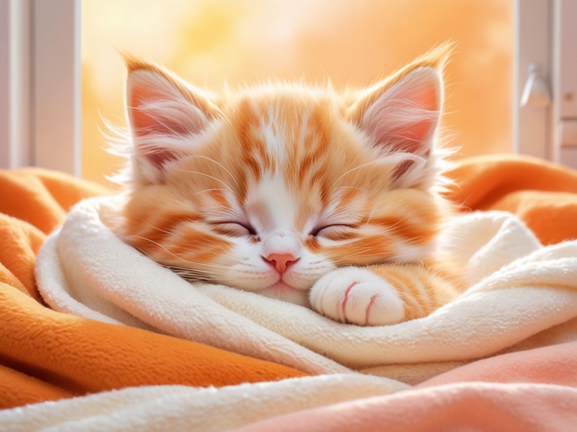Fluffy Orange Tabby Kitten Sleeping in Cozy Blanket