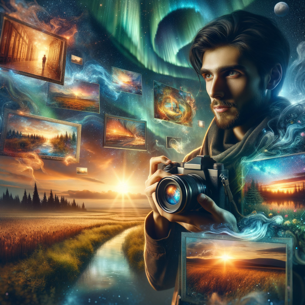 Young Man with Camera by Tranquil Riverside Scene