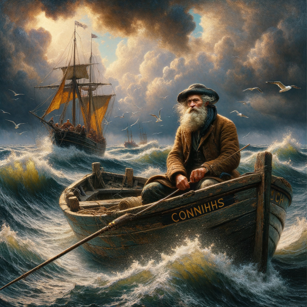 Fisherman Rowing in Turbulent Waves with Ship Background