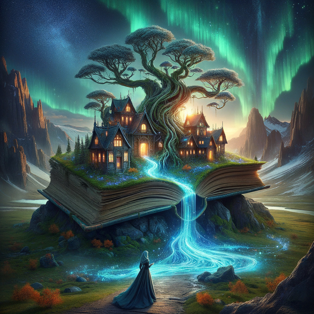 Colossal Book with Tree, Houses, and Aurora Sky
