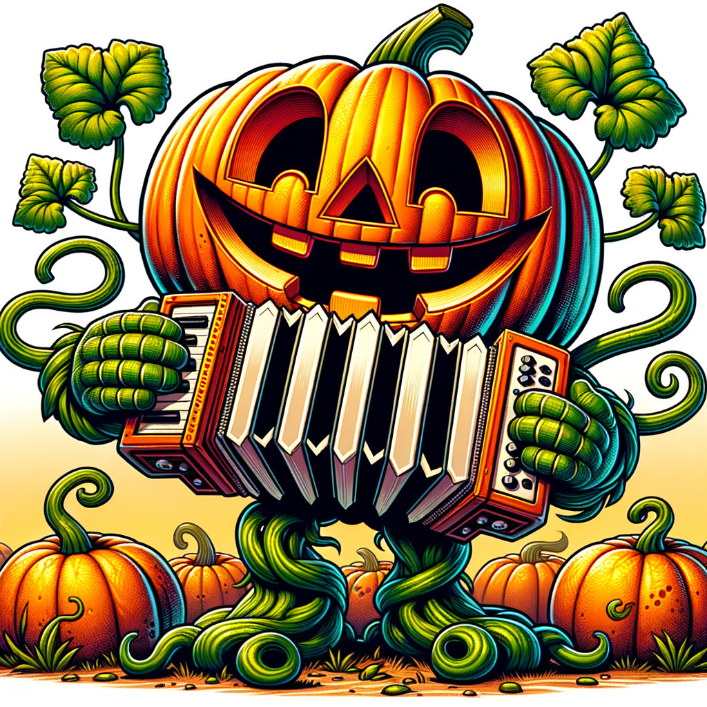 Cheerful Cartoon Pumpkin Playing Accordion in Patch
