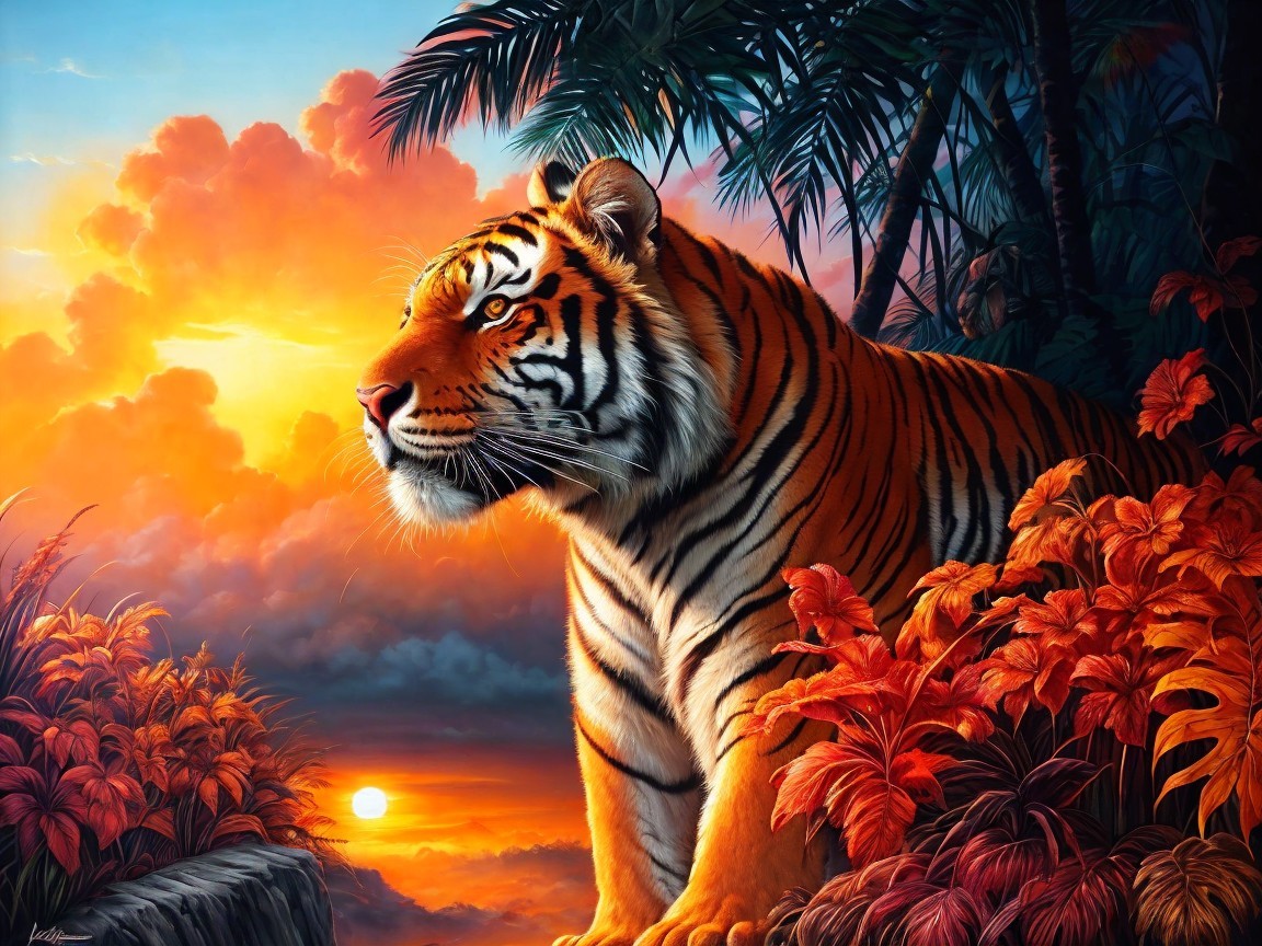 Tiger Against Vibrant Sunset and Lush Foliage