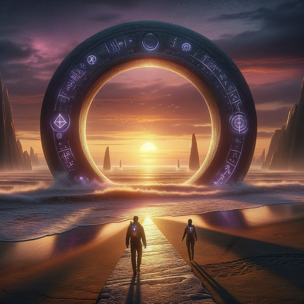 Mystical Scene with Glowing Ring at Sunset Shoreline