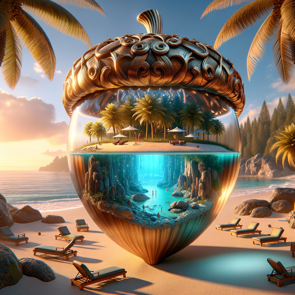 Surreal Beach Scene with Ornate Acorn Paradise