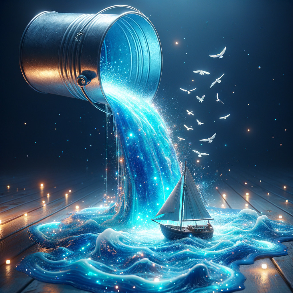Silver Bucket Spills Shimmering Blue Liquid with Sailboat