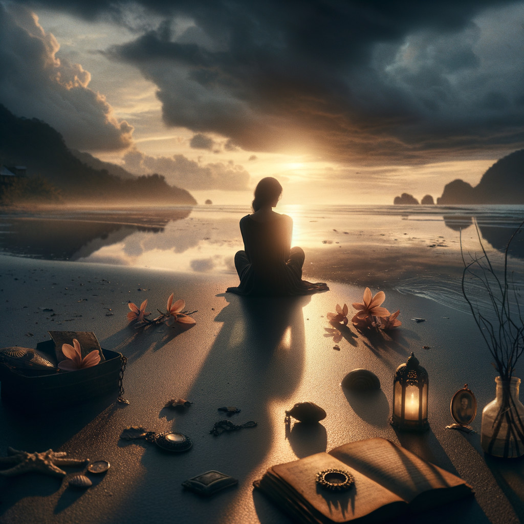 Serene Beach at Sunset with Contemplative Figure