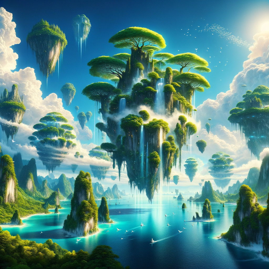 Fantasy Landscape with Floating Islands and Waterfalls