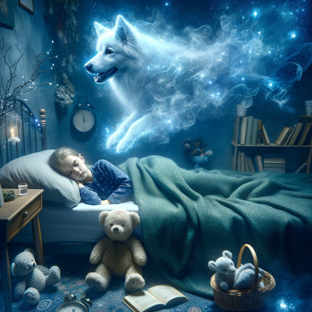 Whimsical Bedroom with Ethereal Wolf and Soft Toys