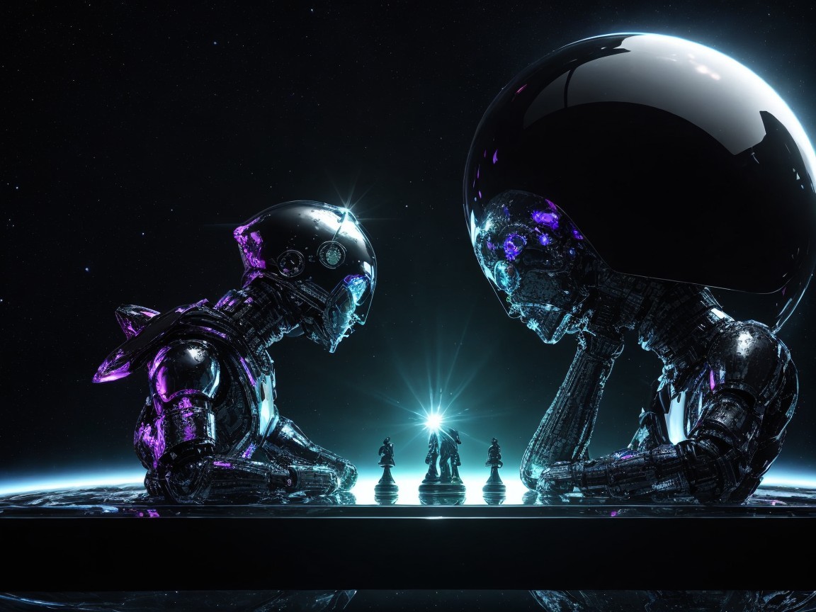 Futuristic Robots Playing Chess on Luminous Board