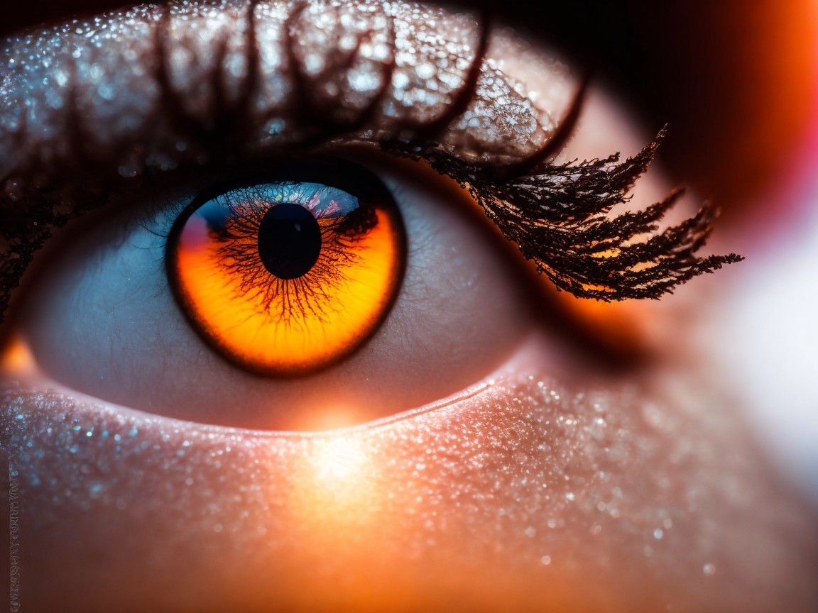 Close-up of an eye with orange hues and glitter