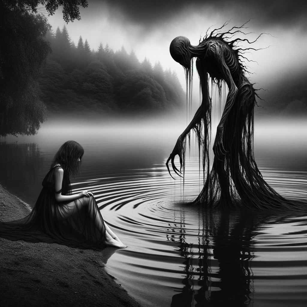 Eerie Black and White Scene by Misty Lake