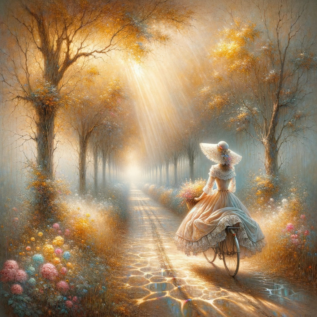 Woman in Vintage Dress Biking on Sunlit Path