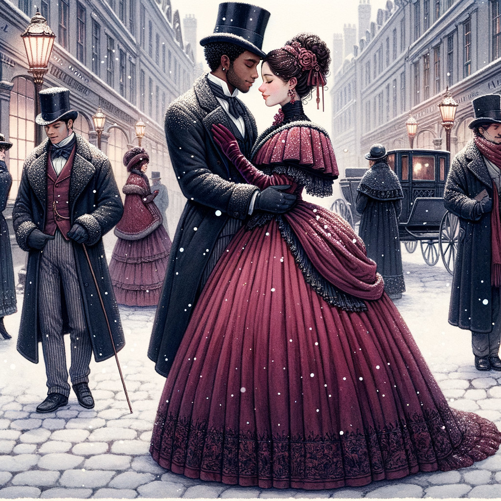 Couple in Elegant Attire on Snowy Victorian Street
