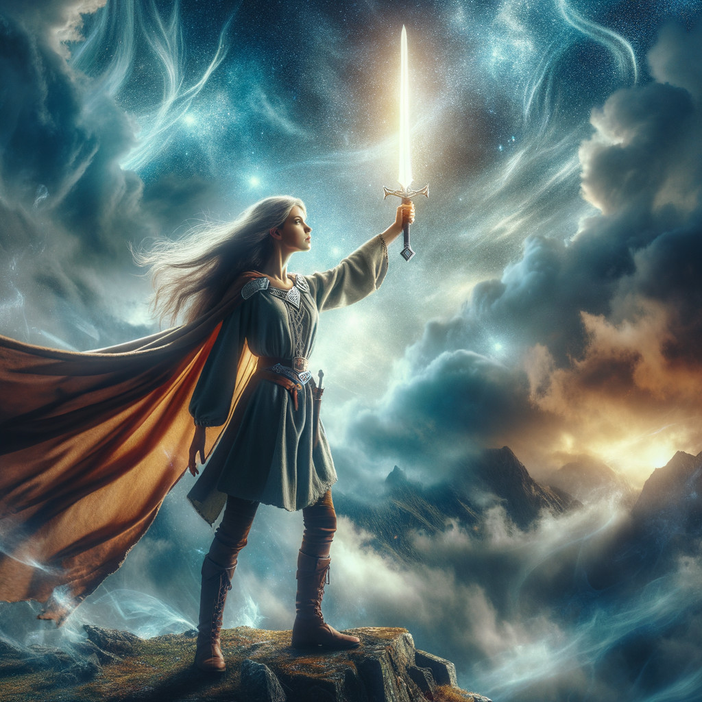 Warrior with Glowing Sword on Rocky Outcrop at Night