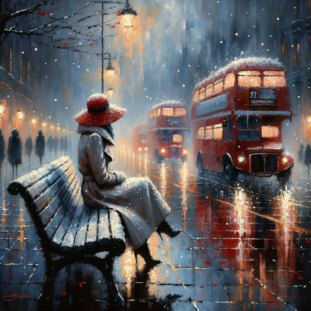 Winter Scene with Woman, Buses, and Snowflakes