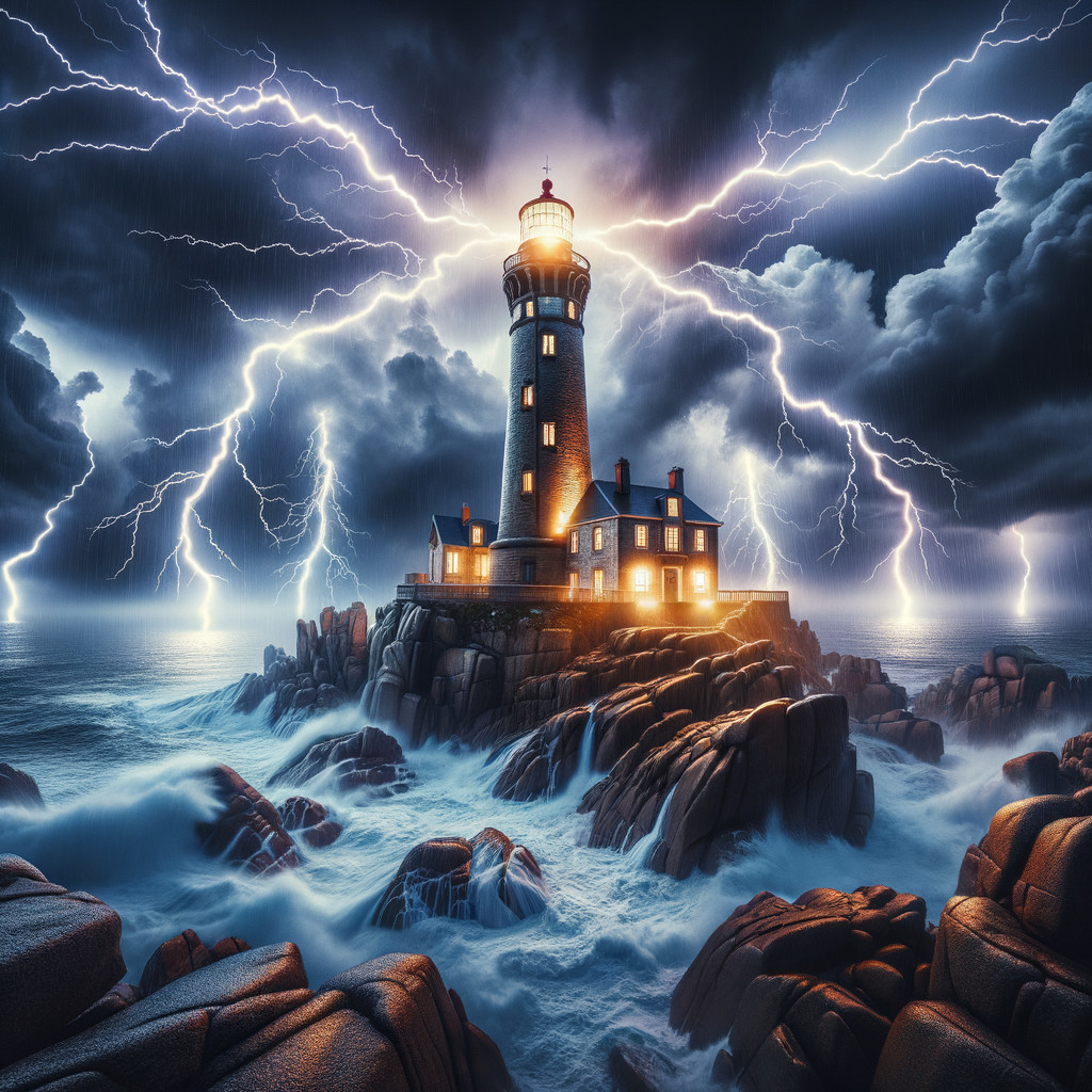 Majestic lighthouse amidst stormy waves and lightning