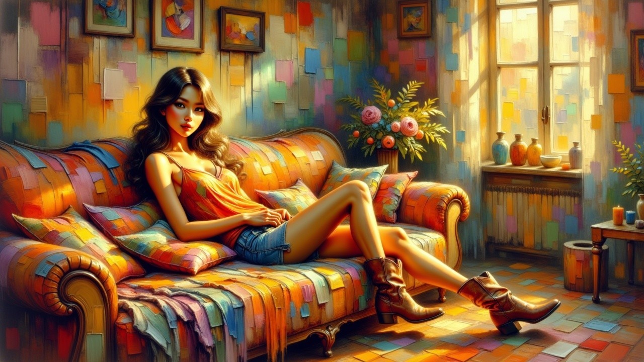 Vibrant Room with Young Woman on Patchwork Sofa