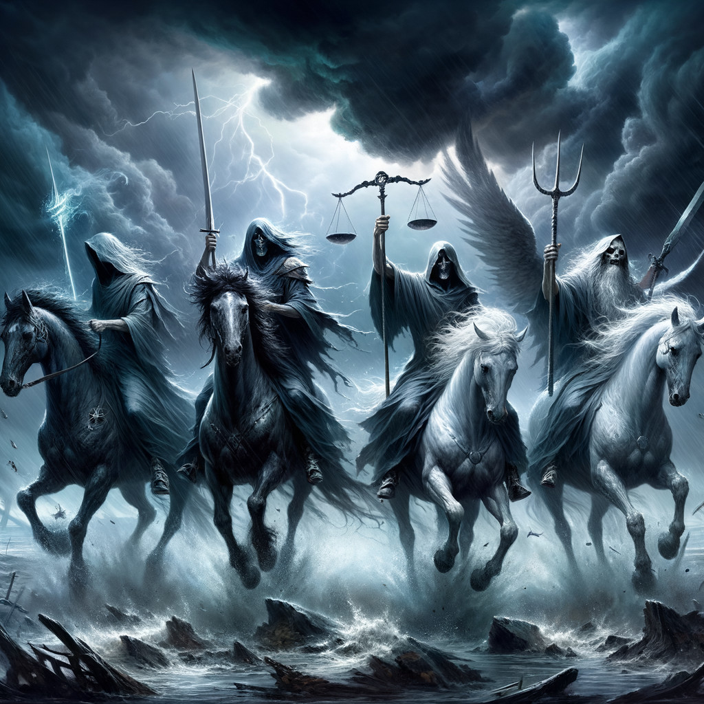Four Horsemen of the Apocalypse on Horseback in Stormy Sky