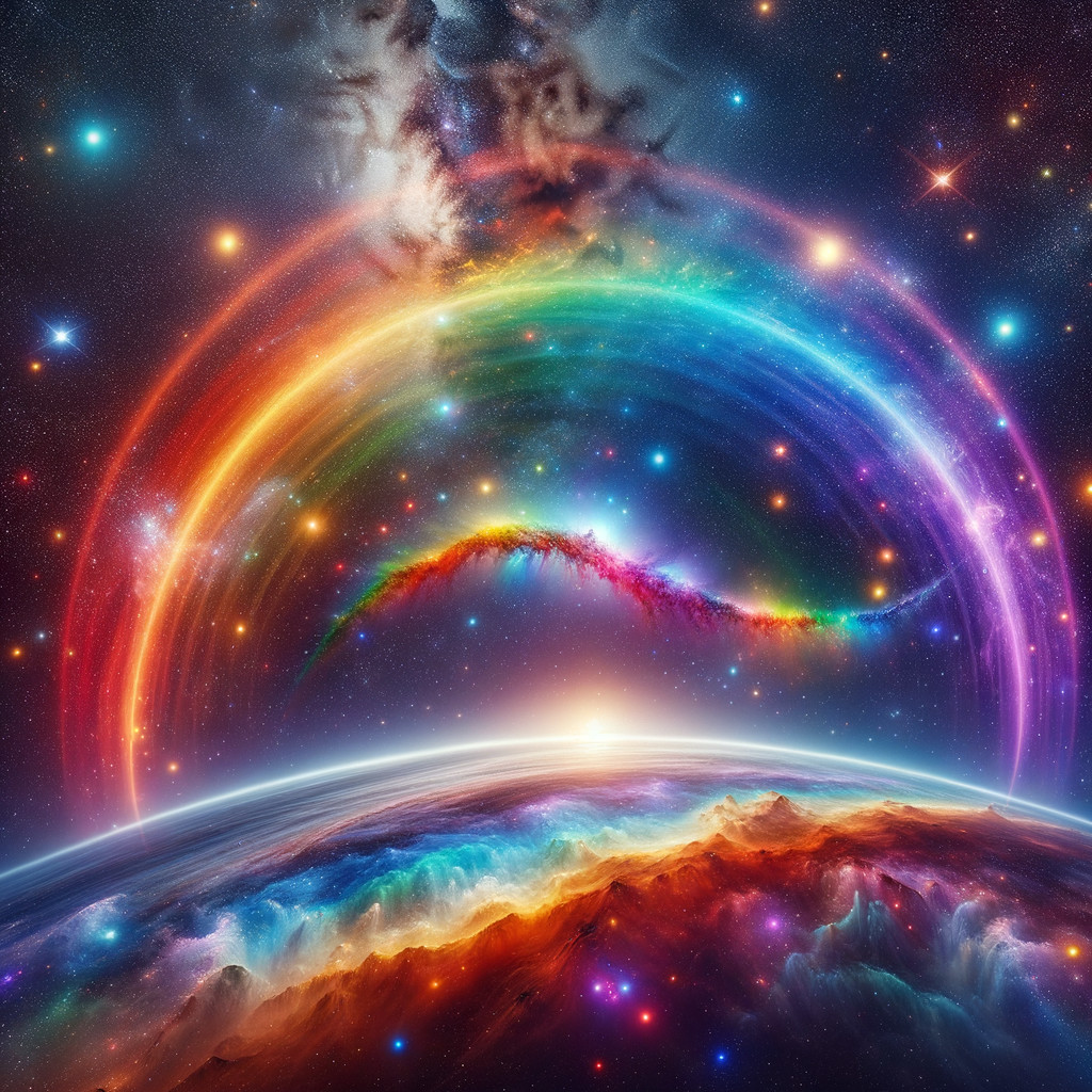 Vibrant Cosmic Scene with Rainbow Arc and Galaxies