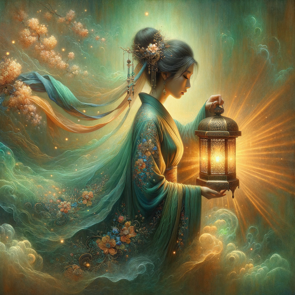 Celestial Asian Woman with Lantern in Digital Painting