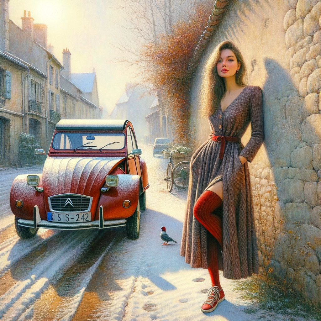 Vintage Citroën in Snowy Village with Charming Woman