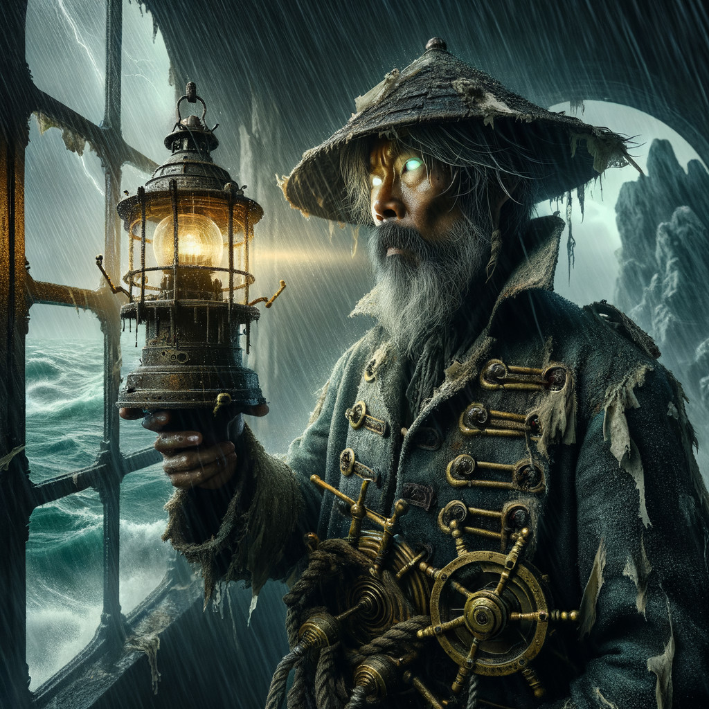 Weathered Man with Lantern by Window Overlooking Sea