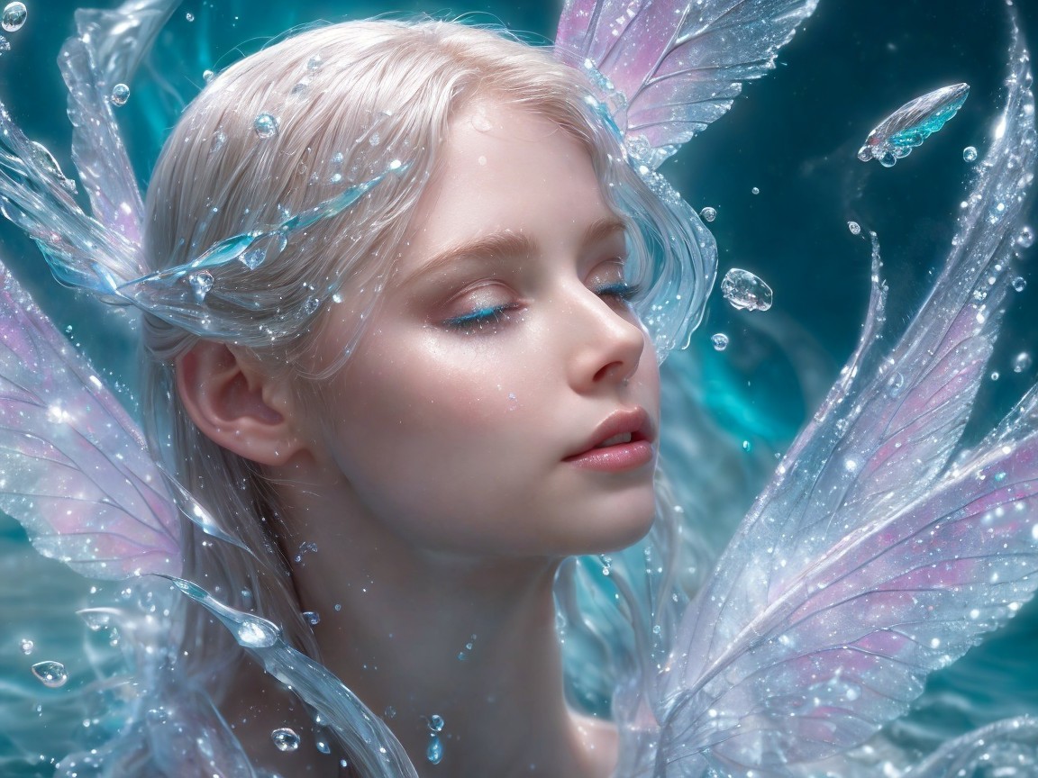Fairy Figure with Iridescent Wings in Shimmering Waters