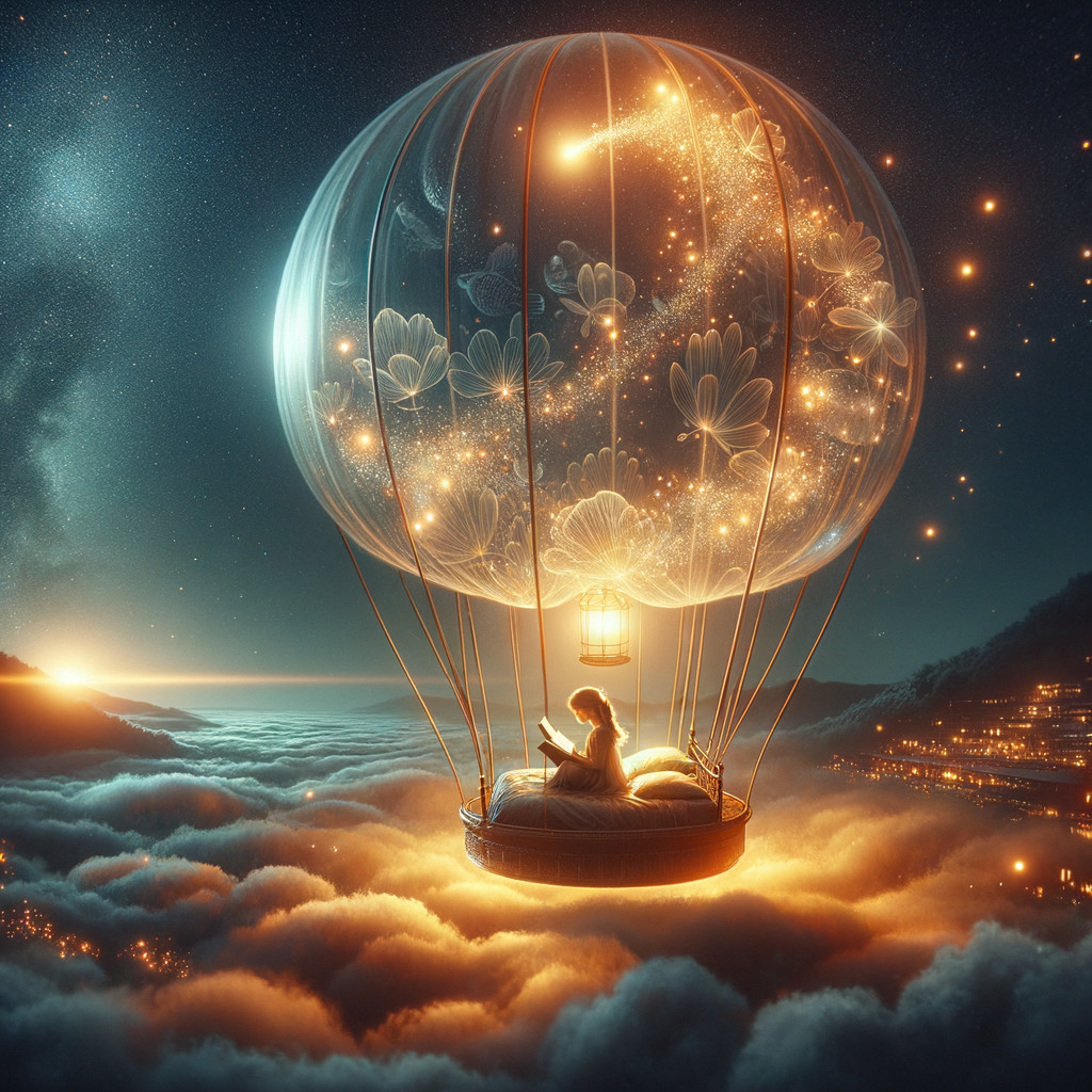 Girl in a hot air balloon above fluffy clouds