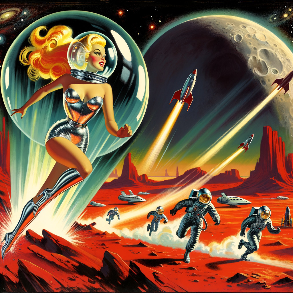 Retro Sci-Fi Scene of a Woman on Mars Landscape