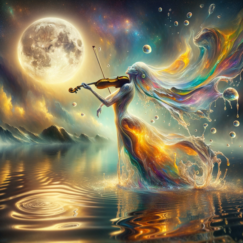 Mystical figure playing violin in shimmering water