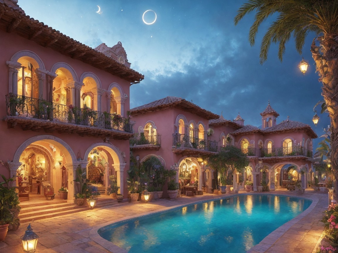 Elegant villa with ornate architecture and pool
